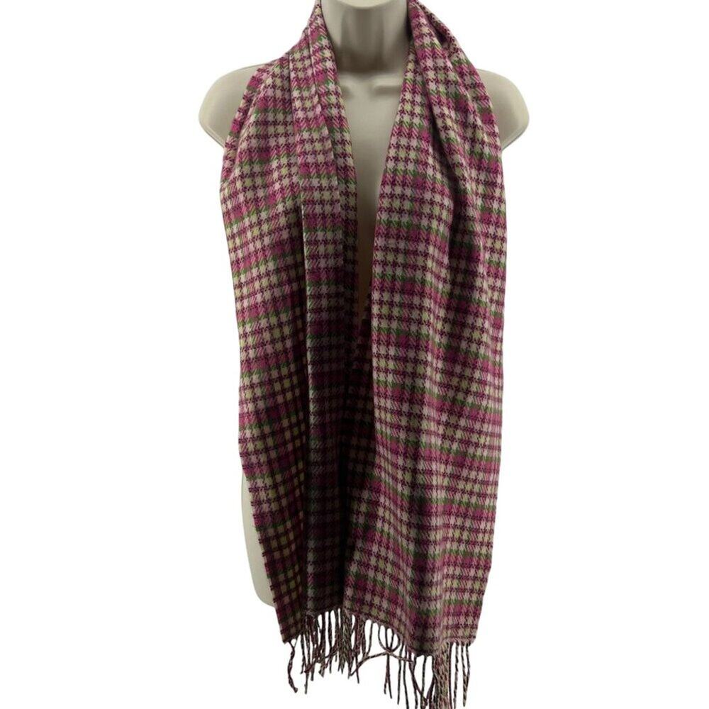 100% Cashmere Scarf Made in Scotland Unique Plaid Pink Green Pale Yellow